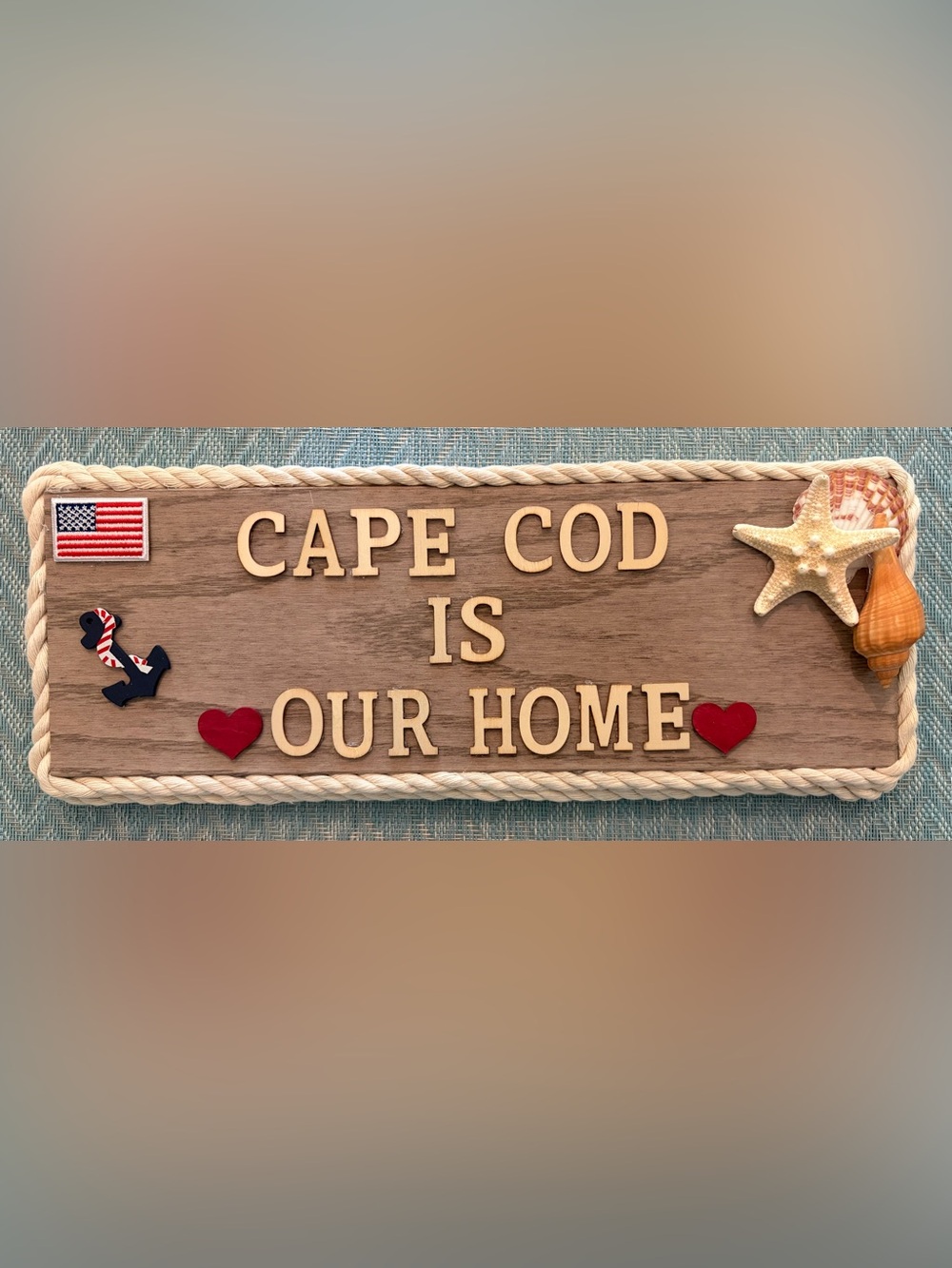 “Cape Cod is our Home” , Wood Wall Sign -  3/4”oak,w/Cream Rope trim 13” x 5”